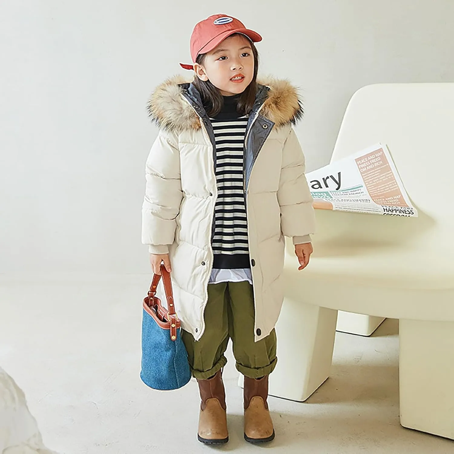 Girls Boys Down Jacket Winter Outerwear Hooded Down Coat Thicken Warm Mid Long Puffer Jacket with Furry