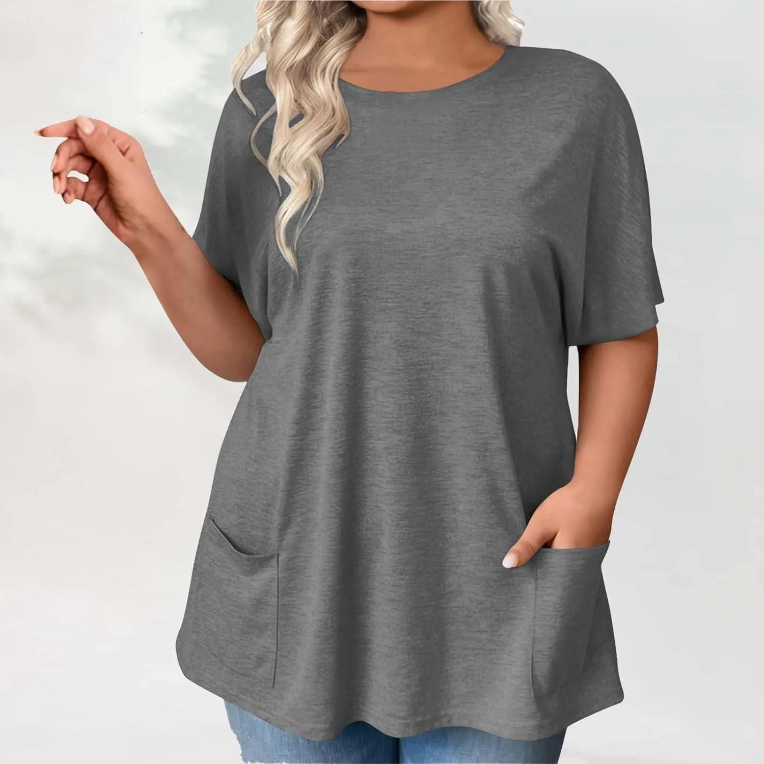 GOKKILRW Womens Plus Size T Shirts 2025 Crewneck Short Sleeve Casual T-Shirts Loose Fit Comfy Summer Tunic Tops with Pockets