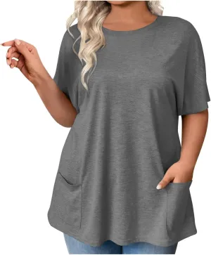 GOKKILRW Womens Plus Size T Shirts 2025 Crewneck Short Sleeve Casual T-Shirts Loose Fit Comfy Summer Tunic Tops with Pockets