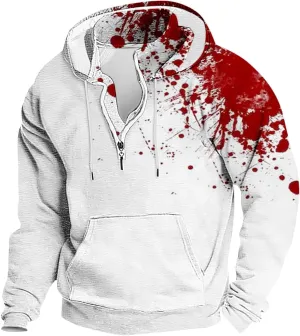 Halloween Long Sleeve Bloody Sweatshirts Men's Fashion Splatter Blood Athletic Hoodies Novelty Hooded Pullover Tops