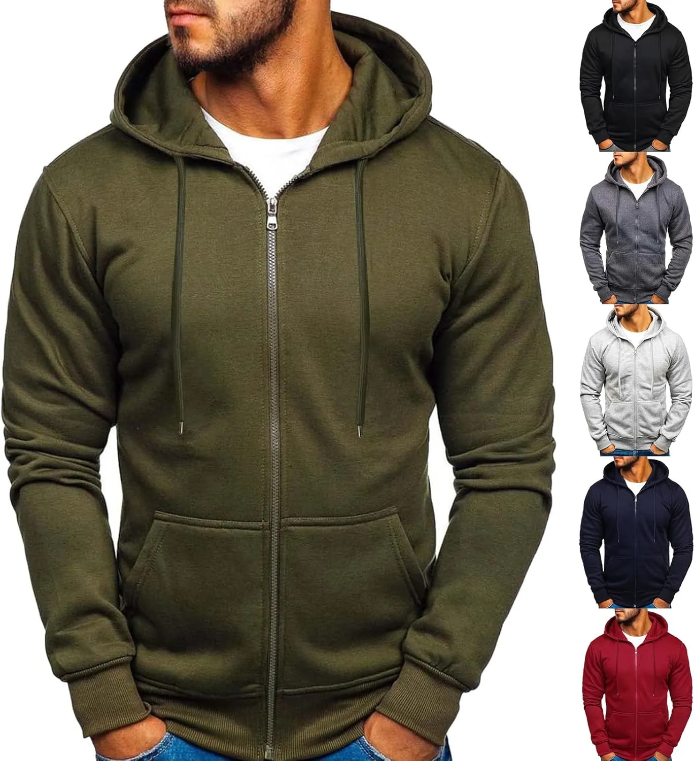 Hoodies for Men Full Zip Long Sleeve Sweatshirt Basic Casual Sweatshirts Sports Hooded Jacket Coat with Zip Pockets