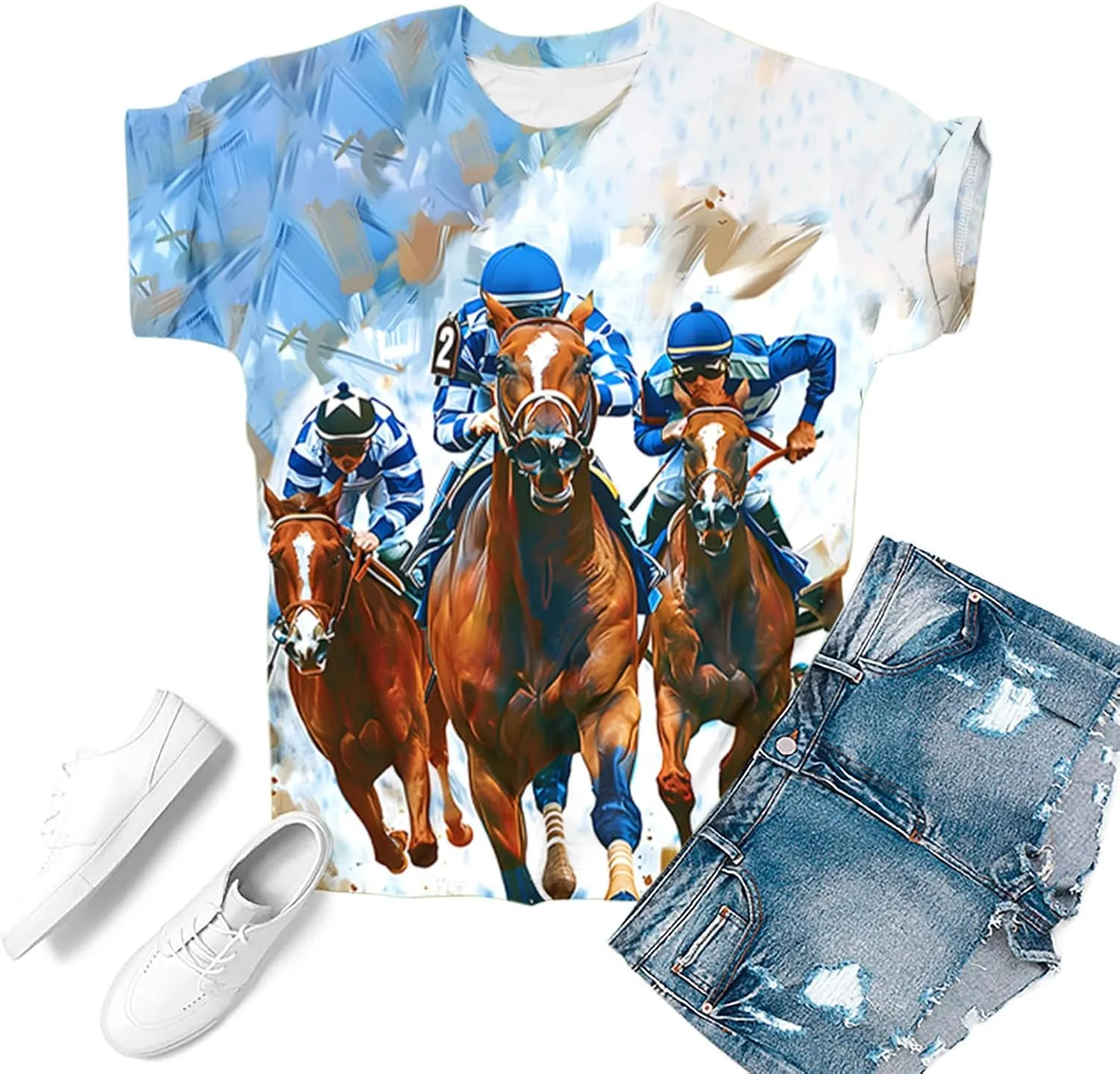 Horse Racing Shirts for Women Summer Casual Short Sleeve Tops Funny Graphic Tees Crewneck Loose Fit Tunic Blouses