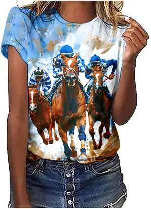 Horse Racing Shirts for Women Summer Casual Short Sleeve Tops Funny Graphic Tees Crewneck Loose Fit Tunic Blouses