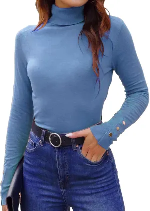Hyipels Women's Turtleneck Sweater Long Sleeve Fitted Lightweight Soft Knit Pullover with Metal Buttons