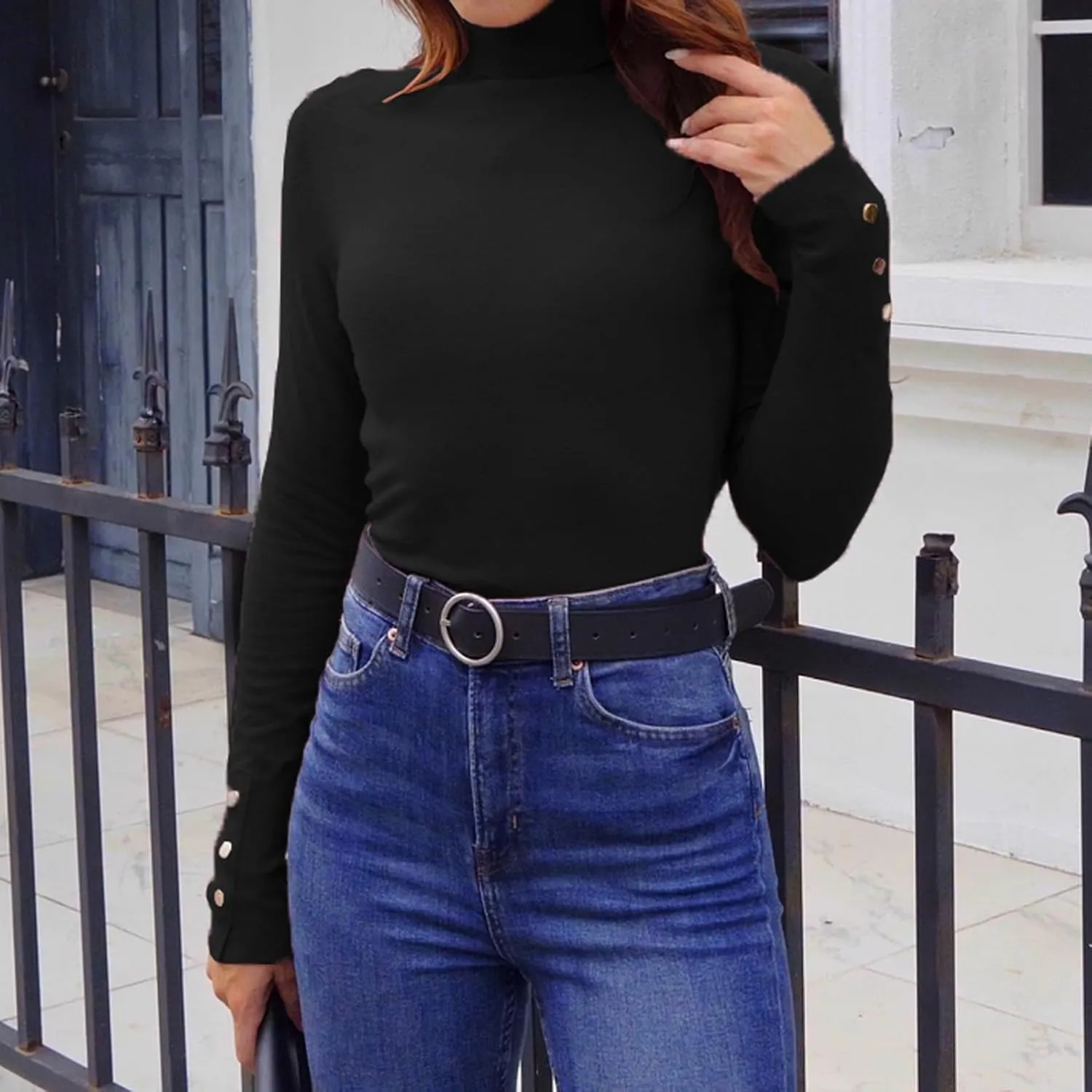 Hyipels Women's Turtleneck Sweater Long Sleeve Fitted Lightweight Soft Knit Pullover with Metal Buttons