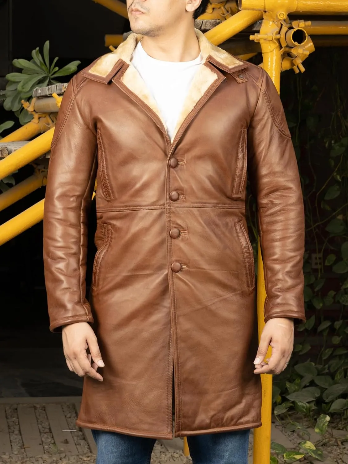 Jild Shearling Leather Trench Coat Men Stand Collar Warm & Stylish Real Lambskin Long Leather Jacket Men Coats Winter