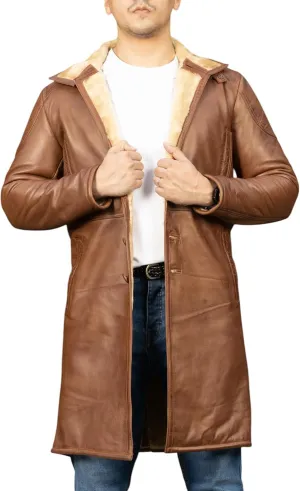 Jild Shearling Leather Trench Coat Men Stand Collar Warm & Stylish Real Lambskin Long Leather Jacket Men Coats Winter