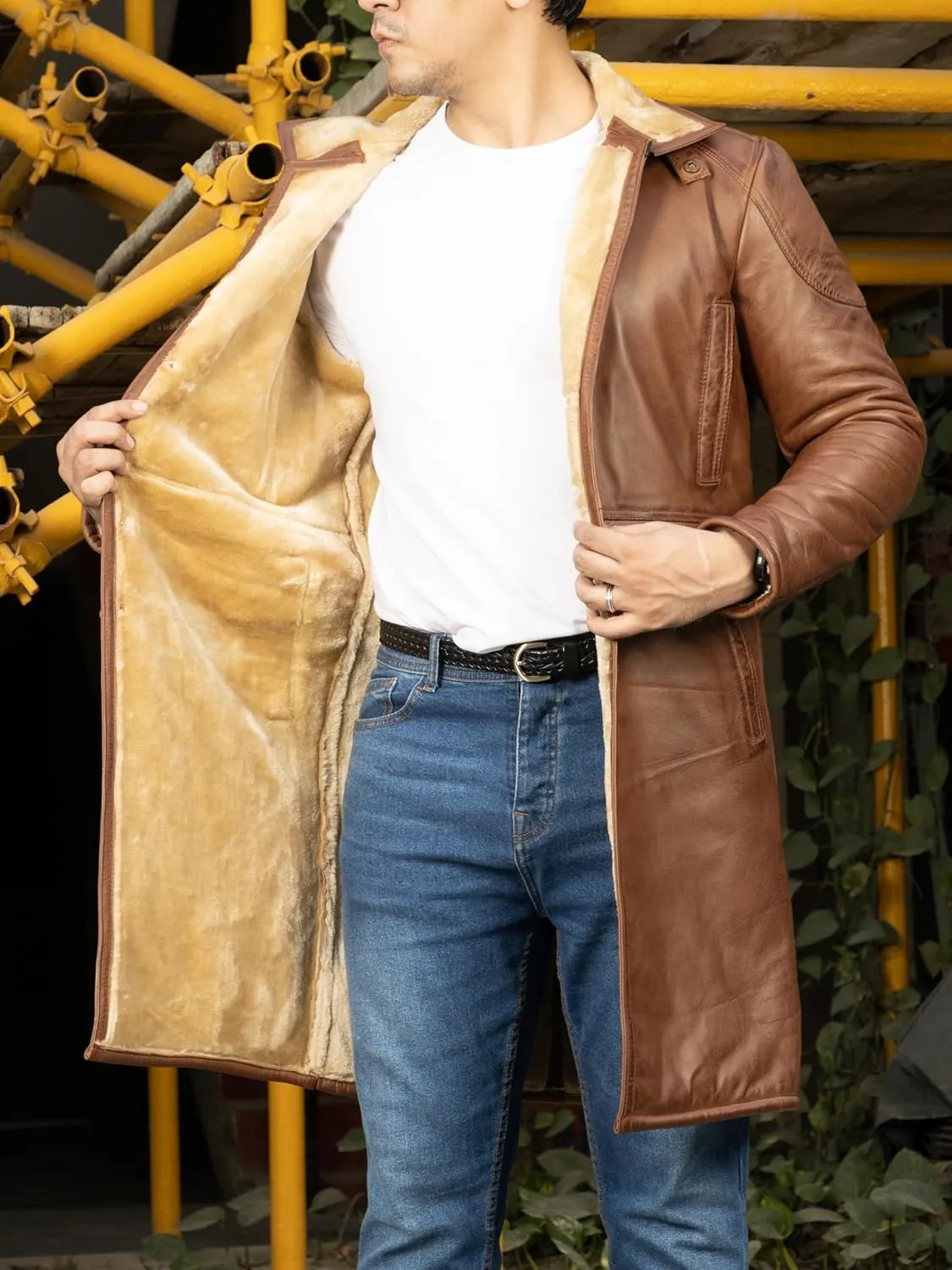 Jild Shearling Leather Trench Coat Men Stand Collar Warm & Stylish Real Lambskin Long Leather Jacket Men Coats Winter
