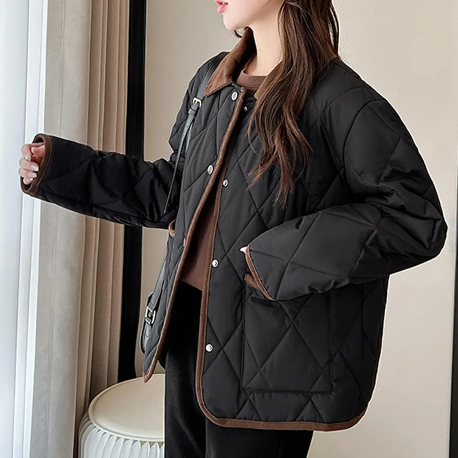 jsaierl Womens Fall Lightweight Down Jacket Quilted Puffer Coat Warm Loose Fit Outerwear 2024 Winter Long Sleeve Padded Coats