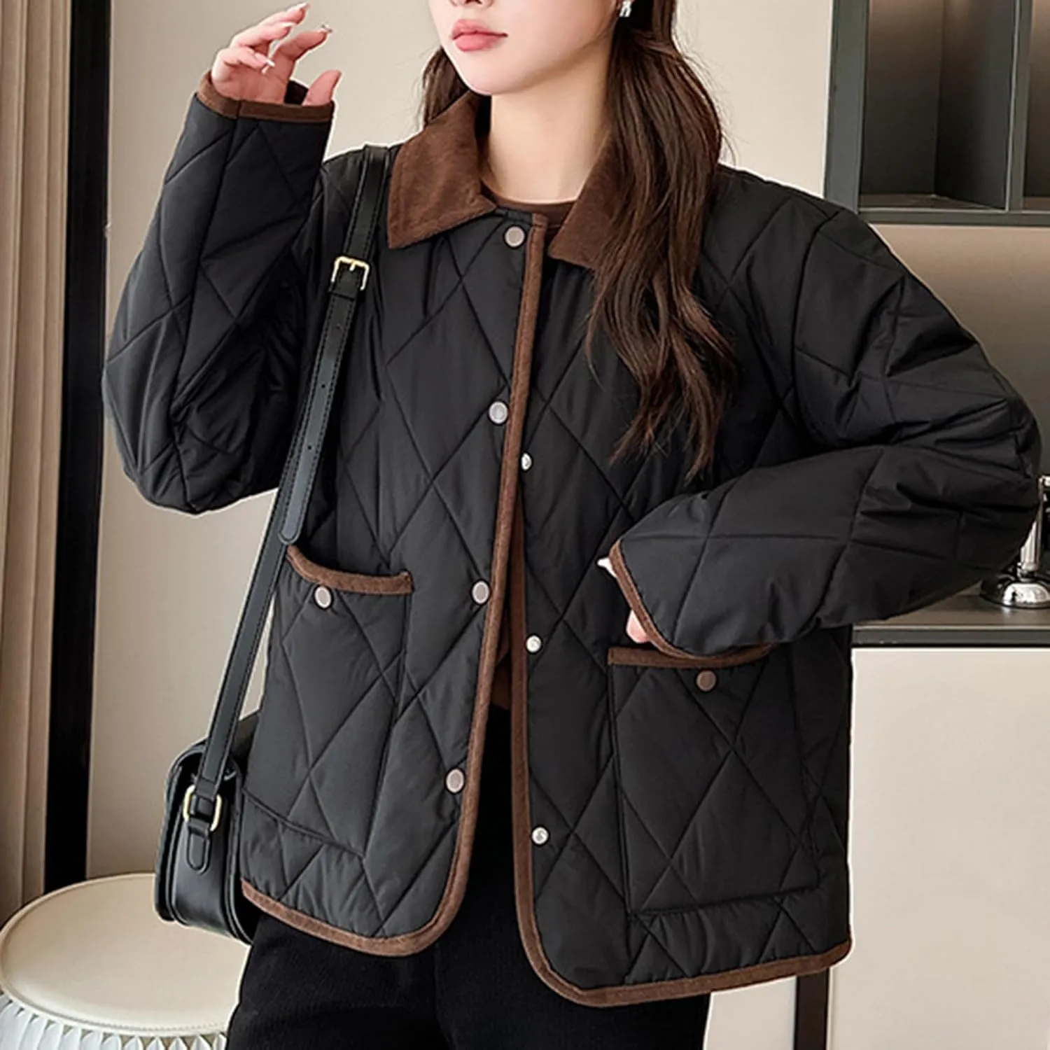 jsaierl Womens Fall Lightweight Down Jacket Quilted Puffer Coat Warm Loose Fit Outerwear 2024 Winter Long Sleeve Padded Coats