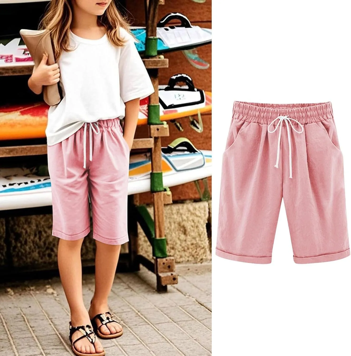 Kids Girls Baggy Wide Leg Casual Capris Pants Teen Drawstring Elastic Waist Cropped Trousers Summer Straight Comfy