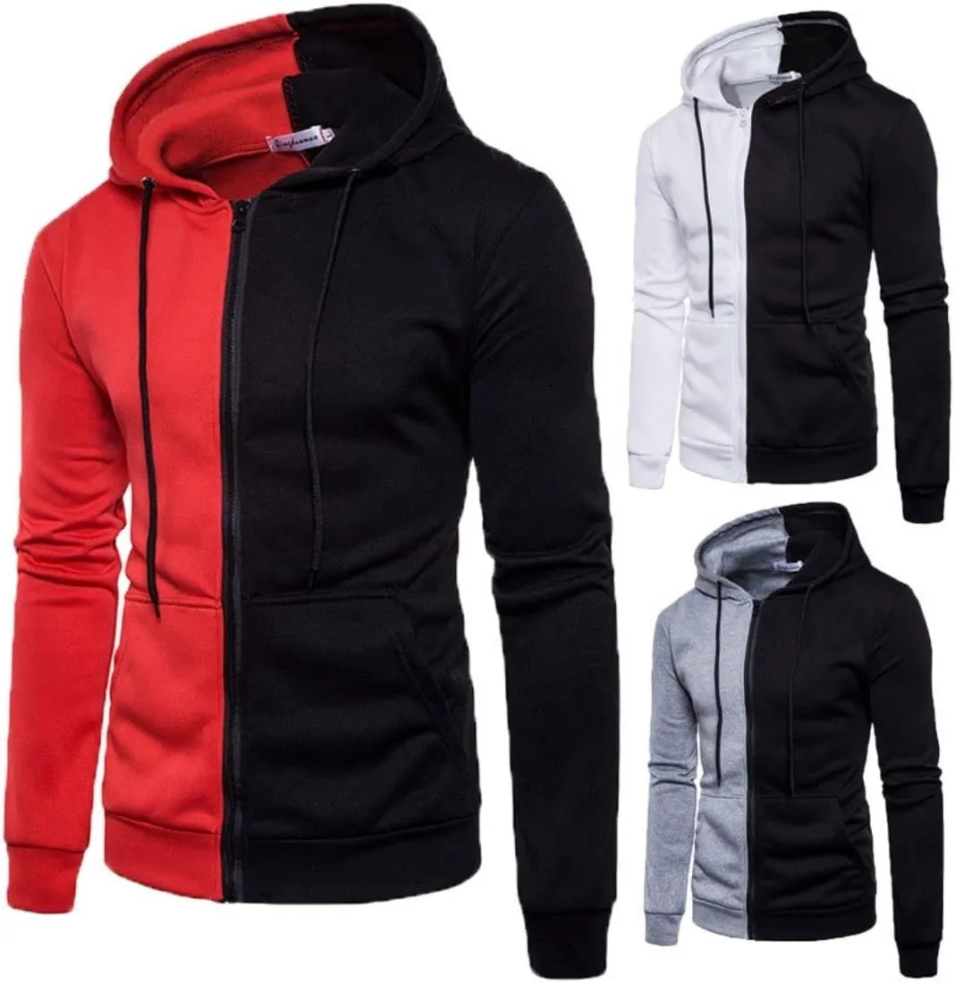 Kwoki Men's Zip Up Hooded Sweatshirts Long Sleeve Colorblock Patchwork Drawstring Active Hoodies