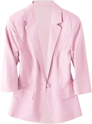 Light Weight Linen Blazers for Women Business Casual Plus Size Jacket Solid Color Cotton Breathable Suit Work Clothes C-Pink