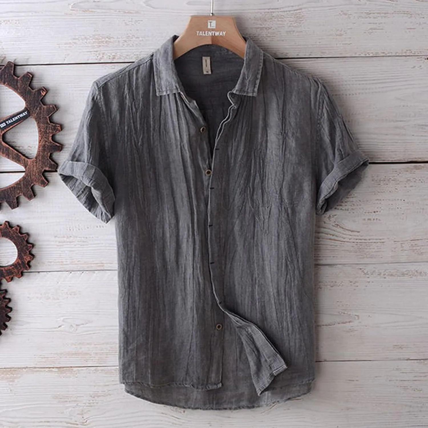 Linen Shirts for Men Retro Wrinkled Breathable Button Down Short Sleeve Tops Lightweight Loose Fit Summer Beach Shirt