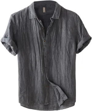 Linen Shirts for Men Retro Wrinkled Breathable Button Down Short Sleeve Tops Lightweight Loose Fit Summer Beach Shirt