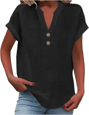 Linen Shirts for Women Summer Short Sleeve Casual Tops Henley Vacation Beach Lounge Button Lightweight Tunic Blouse