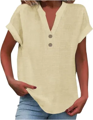 Linen Shirts for Women Summer Short Sleeve Casual Tops Henley Vacation Beach Lounge Button Lightweight Tunic Blouse