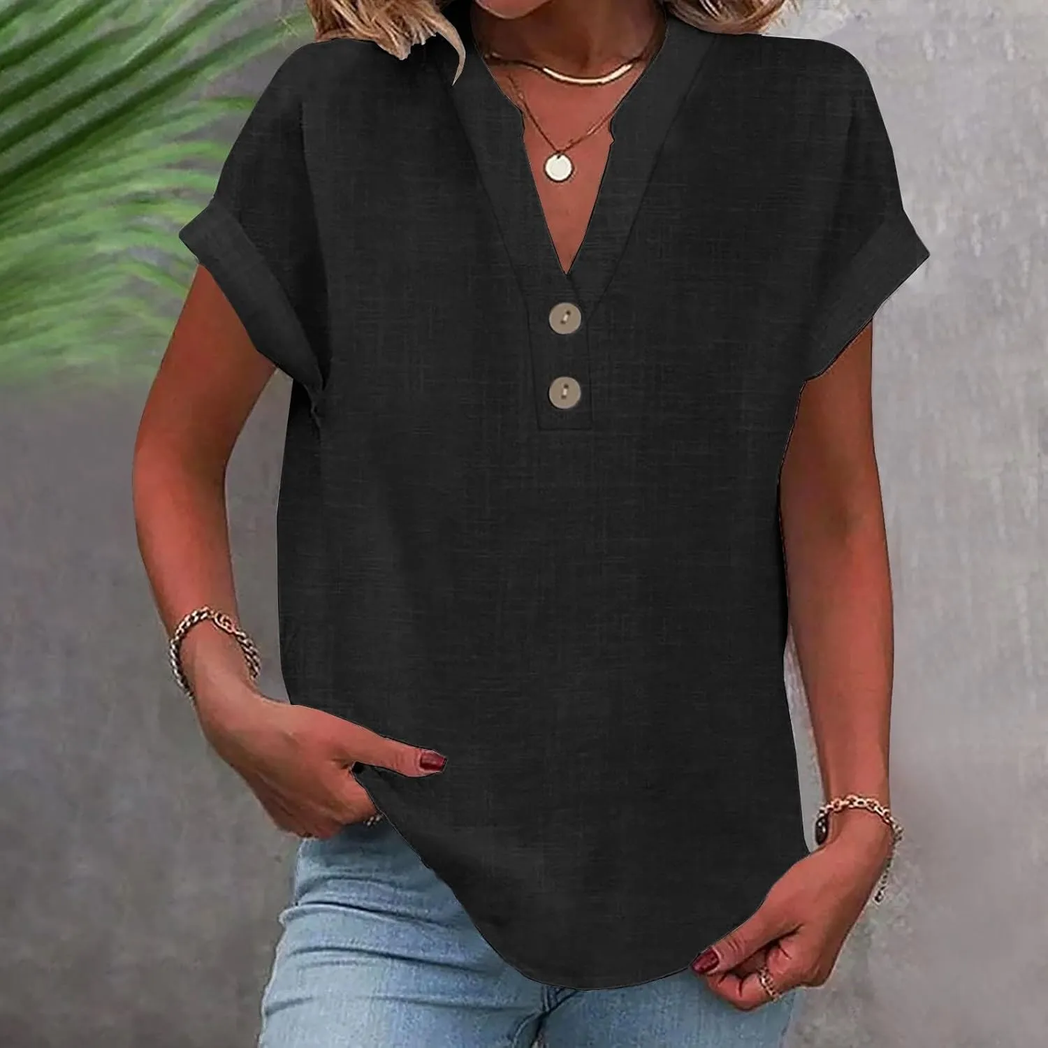Linen Shirts for Women Summer Short Sleeve Casual Tops Henley Vacation Beach Lounge Button Lightweight Tunic Blouse
