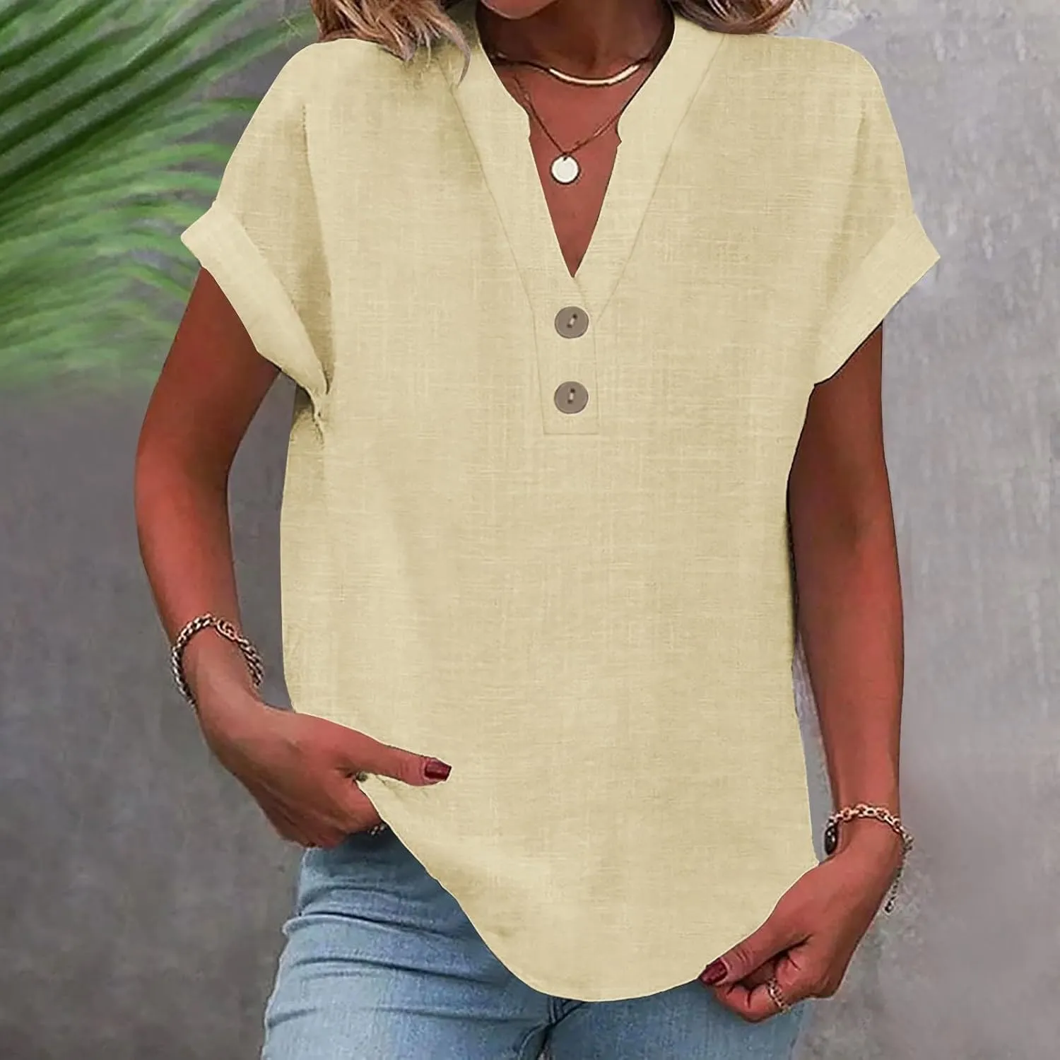 Linen Shirts for Women Summer Short Sleeve Casual Tops Henley Vacation Beach Lounge Button Lightweight Tunic Blouse
