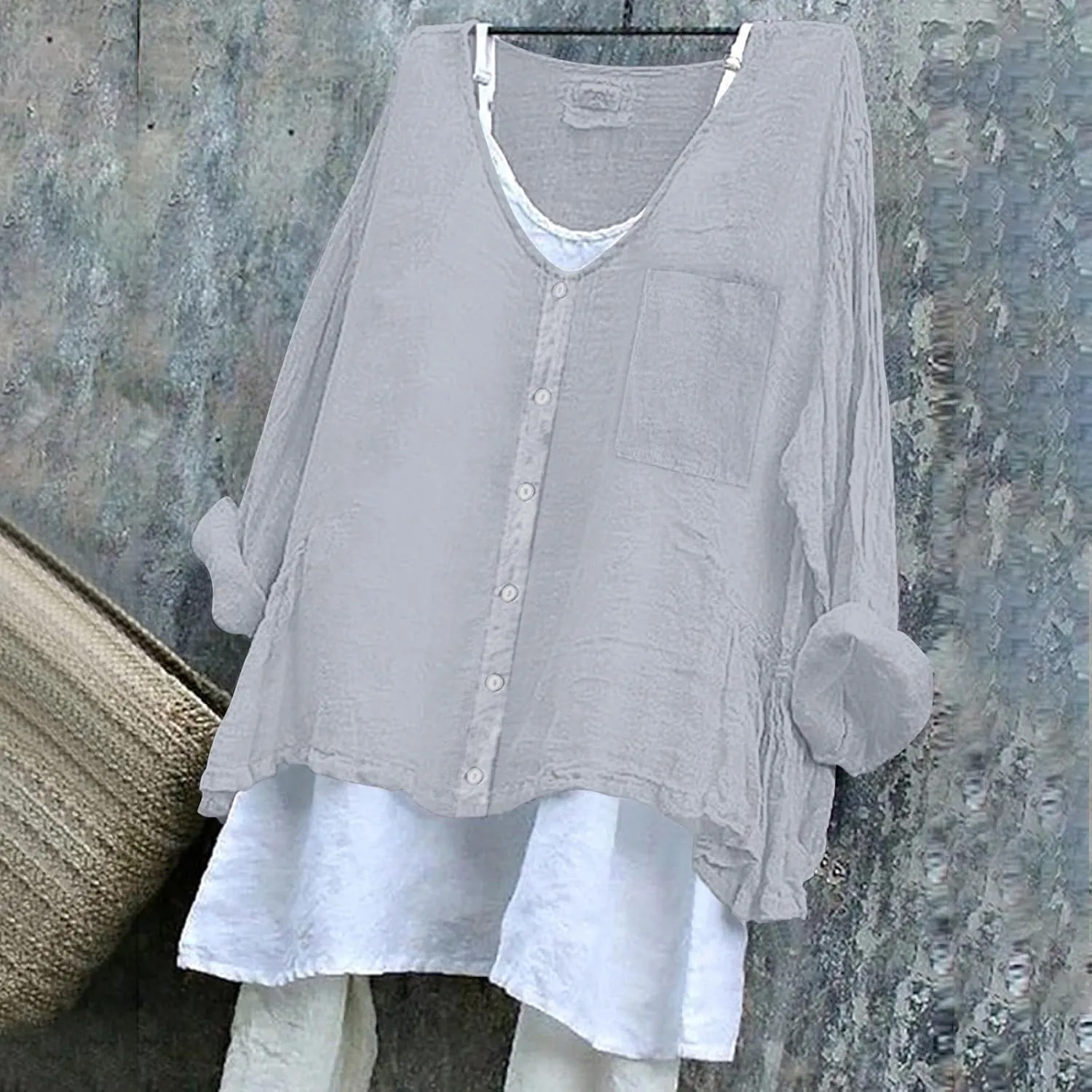 Linen Shirts for Women V Neck Long Rolled Sleeve Office Work Tops Casual Boho Vintage Vacation Tees Shirt Blouse