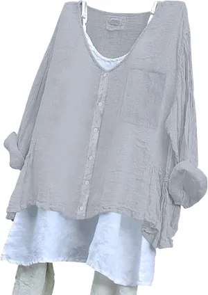 Linen Shirts for Women V Neck Long Rolled Sleeve Office Work Tops Casual Boho Vintage Vacation Tees Shirt Blouse