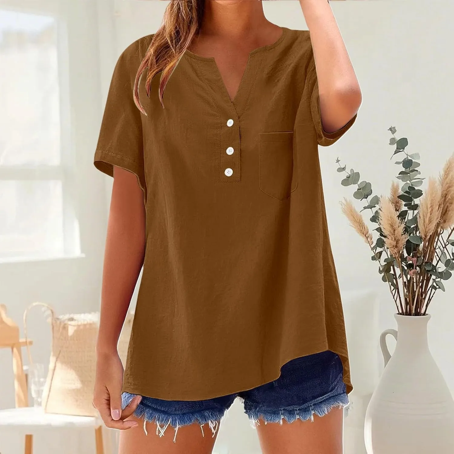 Linen Tops for Women 2025 Summer Trendy Short Sleeve Tshirts Workout Button Down Plus Size Cotton Linen Shirt