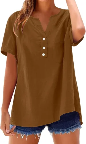 Linen Tops for Women 2025 Summer Trendy Short Sleeve Tshirts Workout Button Down Plus Size Cotton Linen Shirt