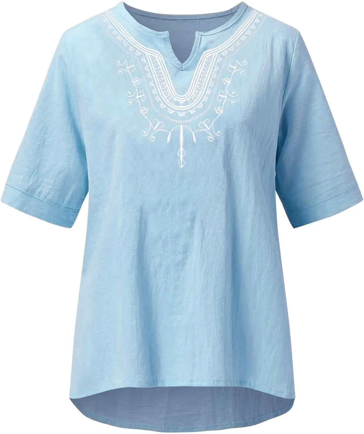 Linen Tops for Women Boho Short Sleeve Tops Notch V Neck Loose Fit T-Shirt Embroidered Blouse