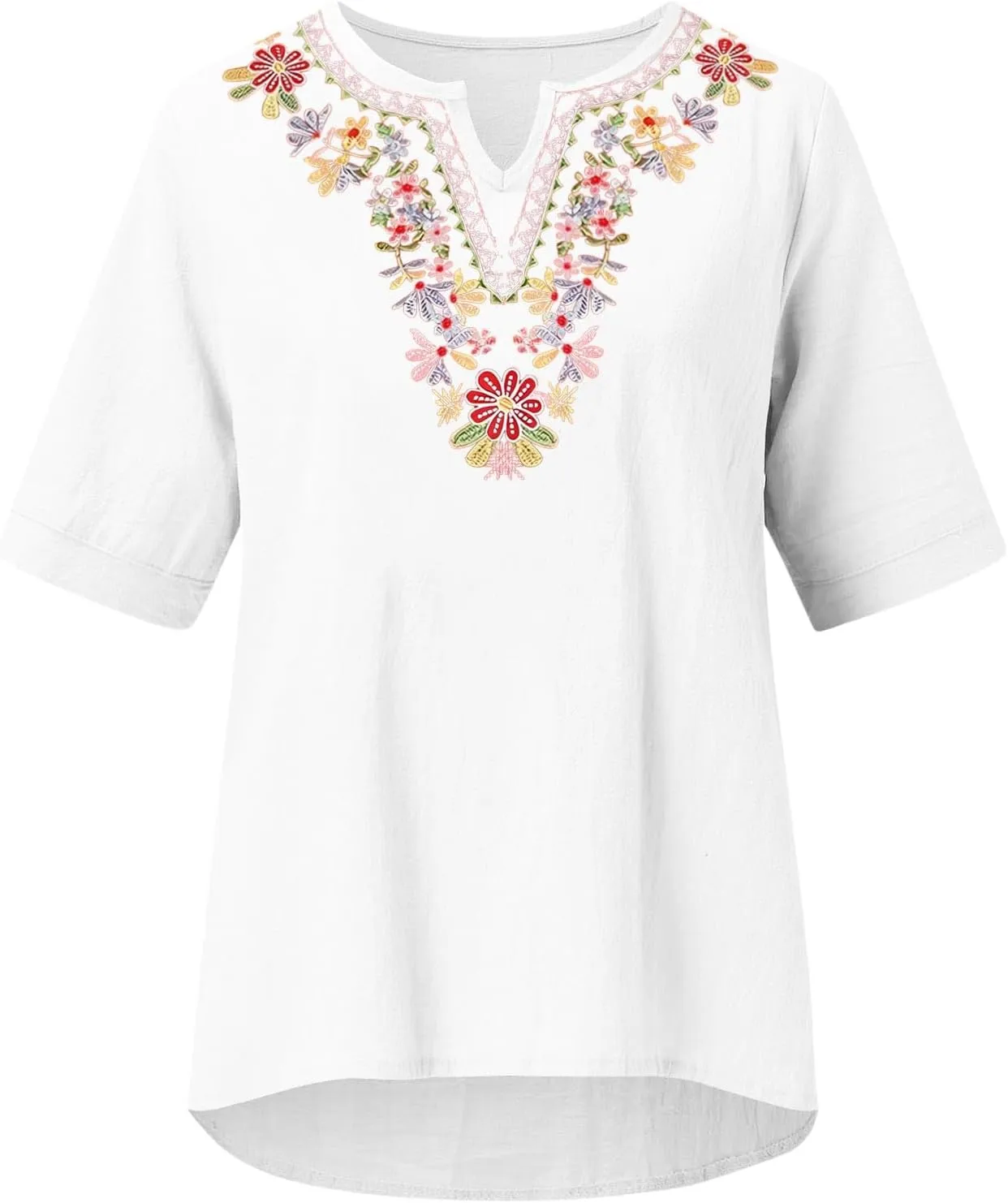 Linen Tops for Women Boho Short Sleeve Tops Notch V Neck Loose Fit T-Shirt Embroidered Blouse