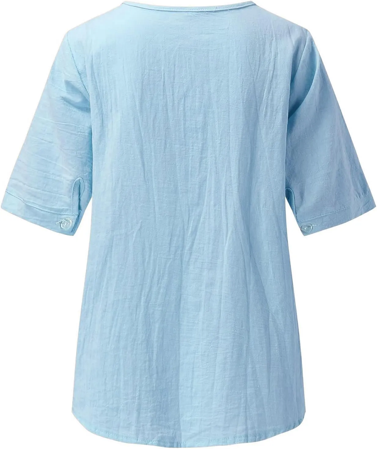 Linen Tops for Women Boho Short Sleeve Tops Notch V Neck Loose Fit T-Shirt Embroidered Blouse