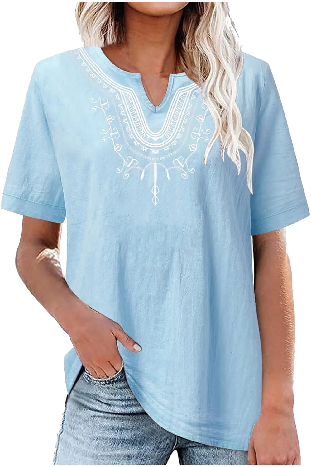 Linen Tops for Women Boho Short Sleeve Tops Notch V Neck Loose Fit T-Shirt Embroidered Blouse