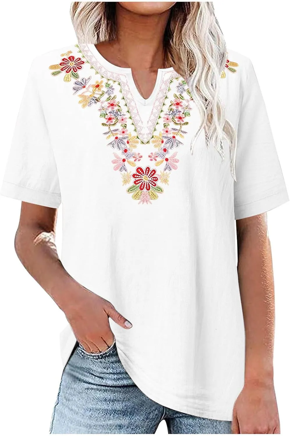 Linen Tops for Women Boho Short Sleeve Tops Notch V Neck Loose Fit T-Shirt Embroidered Blouse