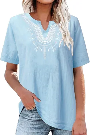 Linen Tops for Women Boho Short Sleeve Tops Notch V Neck Loose Fit T-Shirt Embroidered Blouse