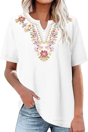 Linen Tops for Women Boho Short Sleeve Tops Notch V Neck Loose Fit T-Shirt Embroidered Blouse