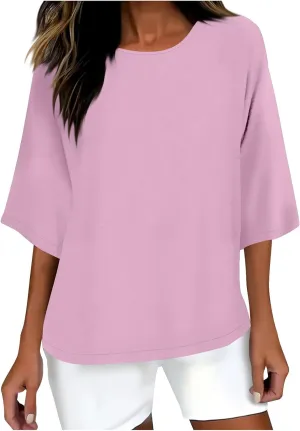 Lmdudan Women's Oversized T Shirts Plus Size 3/4 Sleeve Cotton Linen Shirt Casual Loose Fit Basic Tee Tops Blouses Tunics
