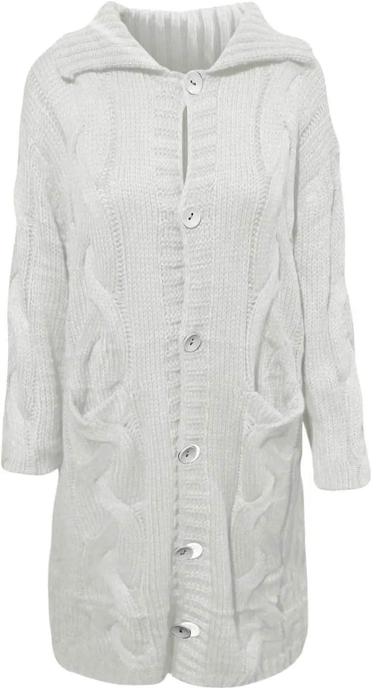 Long Sleeve Cable Knit Long Cardigan for Women 2024 Fall Winter Chunky Open Front Button Sweaters with Pockets