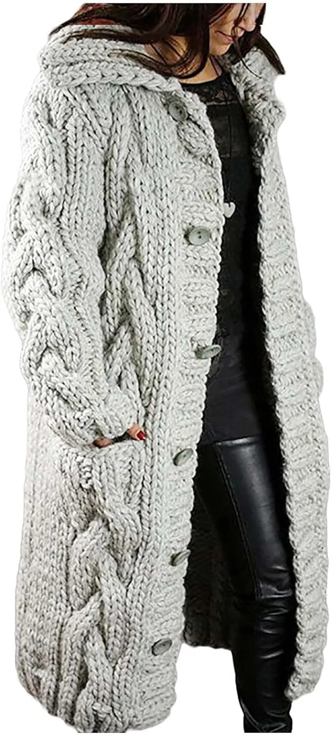 Long Sleeve Cable Knit Long Cardigan for Women 2024 Fall Winter Chunky Open Front Button Sweaters with Pockets