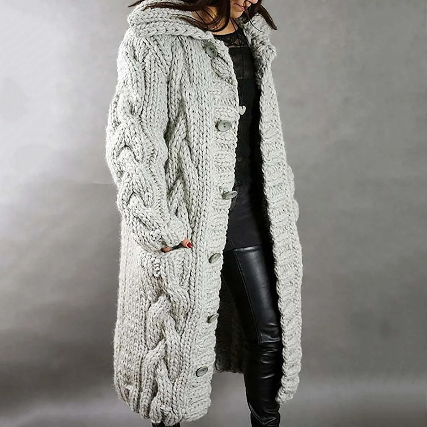 Long Sleeve Cable Knit Long Cardigan for Women 2024 Fall Winter Chunky Open Front Button Sweaters with Pockets