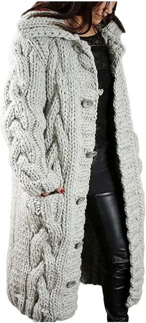 Long Sleeve Cable Knit Long Cardigan for Women 2024 Fall Winter Chunky Open Front Button Sweaters with Pockets