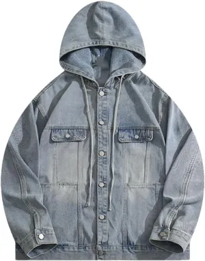 Men and Women Hooded Denim Jackets High Street Japanese Style Loose Casual Hip Hop Coats