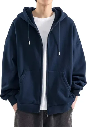Men Full Zip Fleece Drawstring Hoodies Plain Basic Hooded Sweatshirt Workout Casual Solid Outerwear Jacket with Pockets