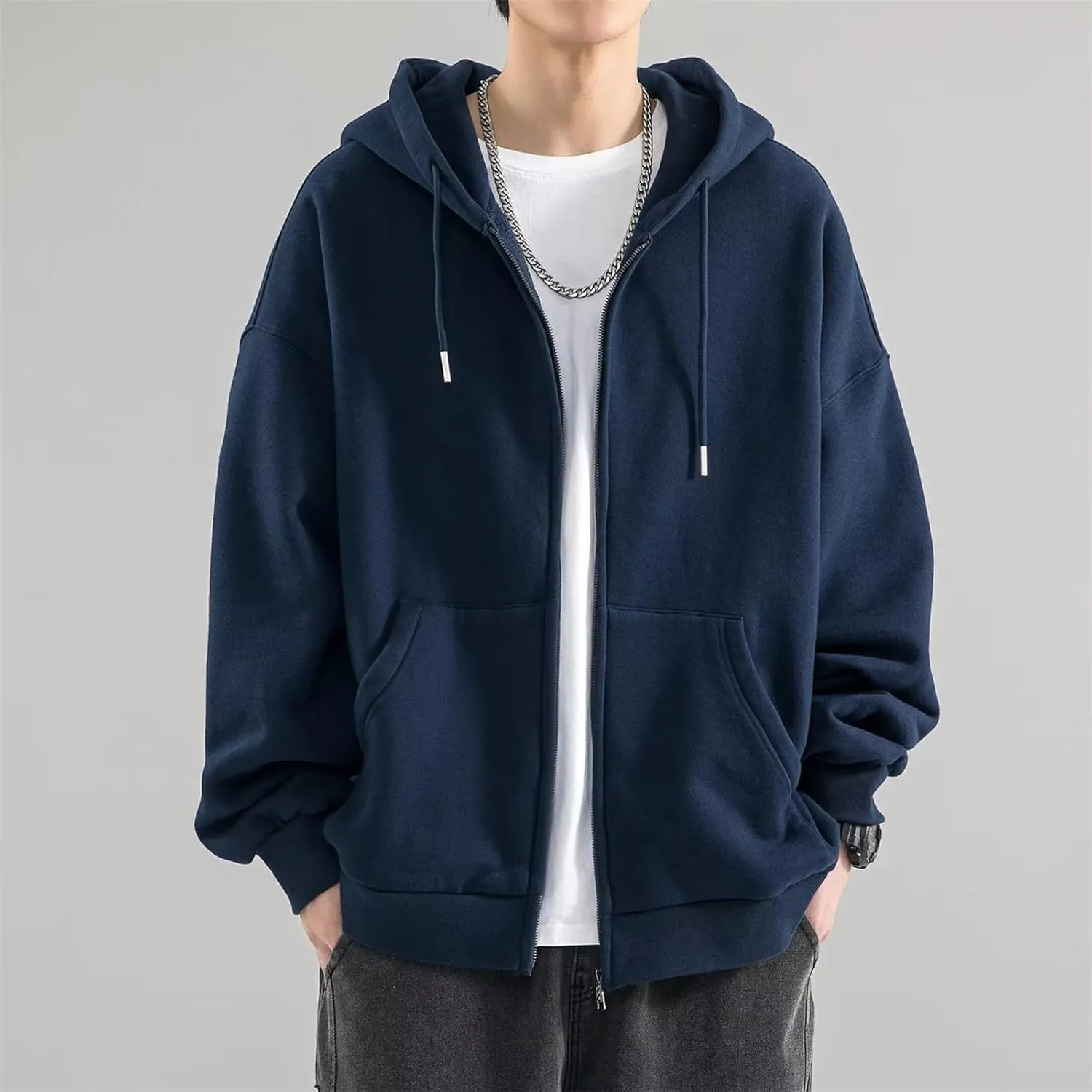 Men Full Zip Fleece Drawstring Hoodies Plain Basic Hooded Sweatshirt Workout Casual Solid Outerwear Jacket with Pockets