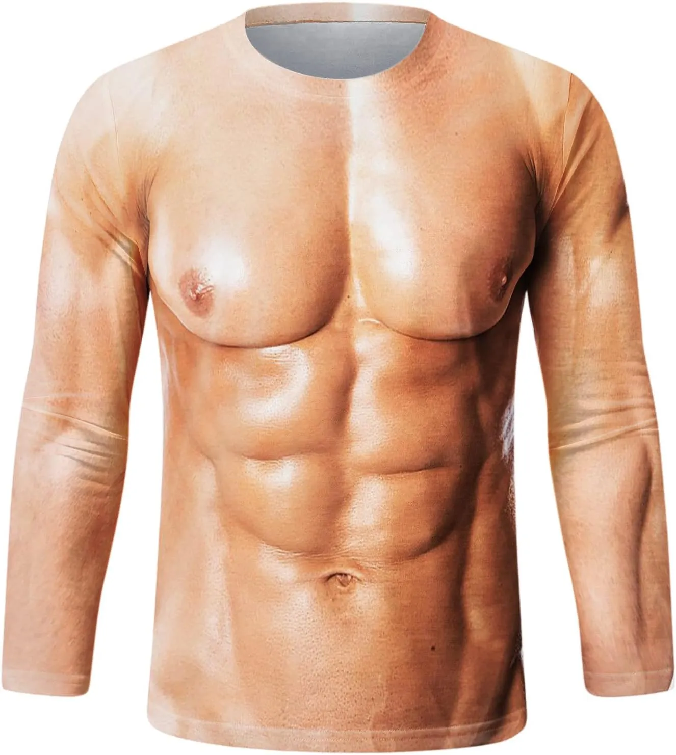 Men's 3D Print Fake Muscles Shirts Long Sleeve Crew Neck Workout Funny Novelty Graphic Pattern Pullover Tees T-Shirts