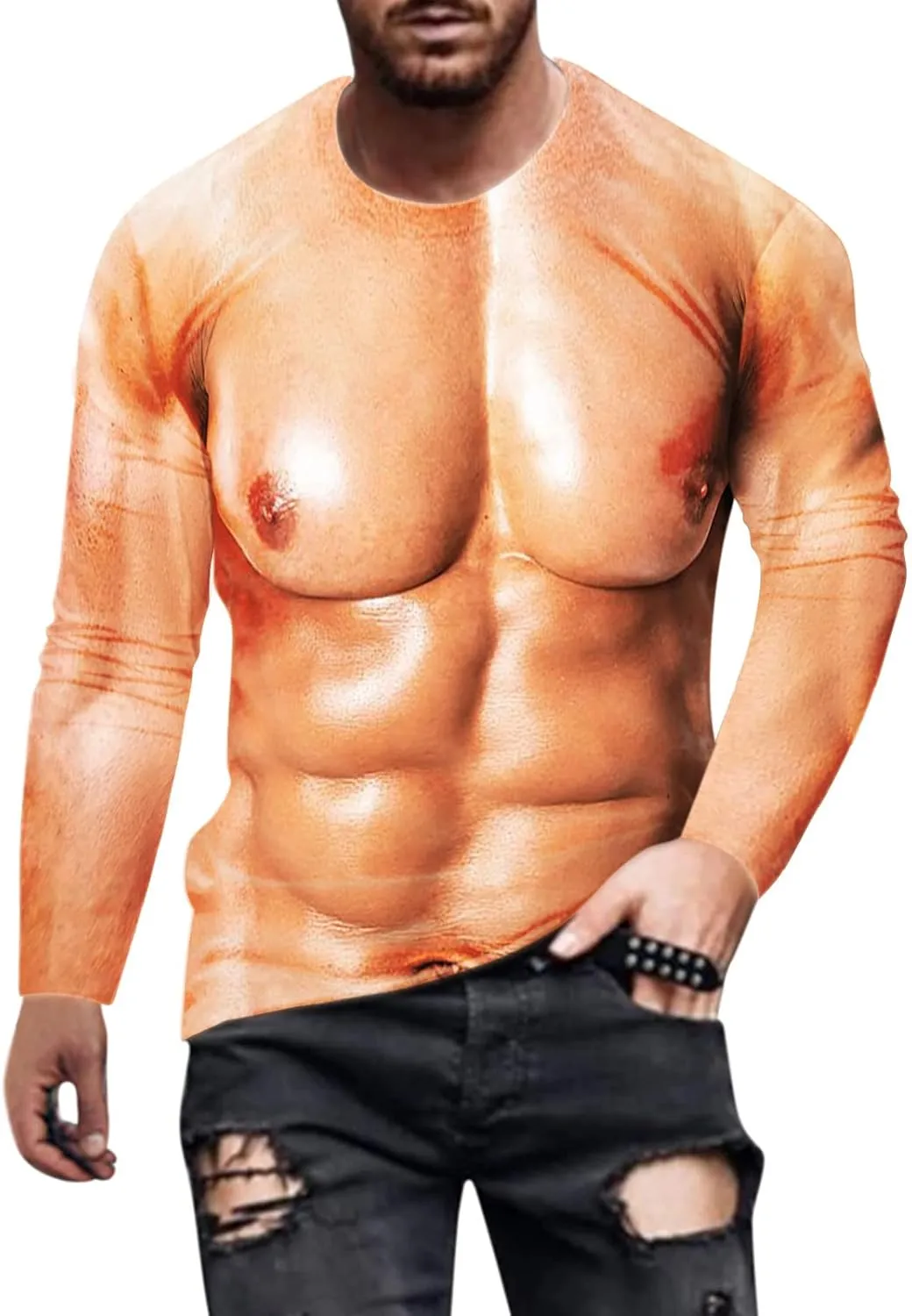 Men's 3D Print Fake Muscles Shirts Long Sleeve Crew Neck Workout Funny Novelty Graphic Pattern Pullover Tees T-Shirts
