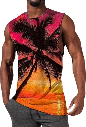 Mens 3D Tank Tops Summer Loose Fit Graphic Sleeveless T-Shirt Tropical Beach Vintage Shirts Casual Workout Muscle Tee