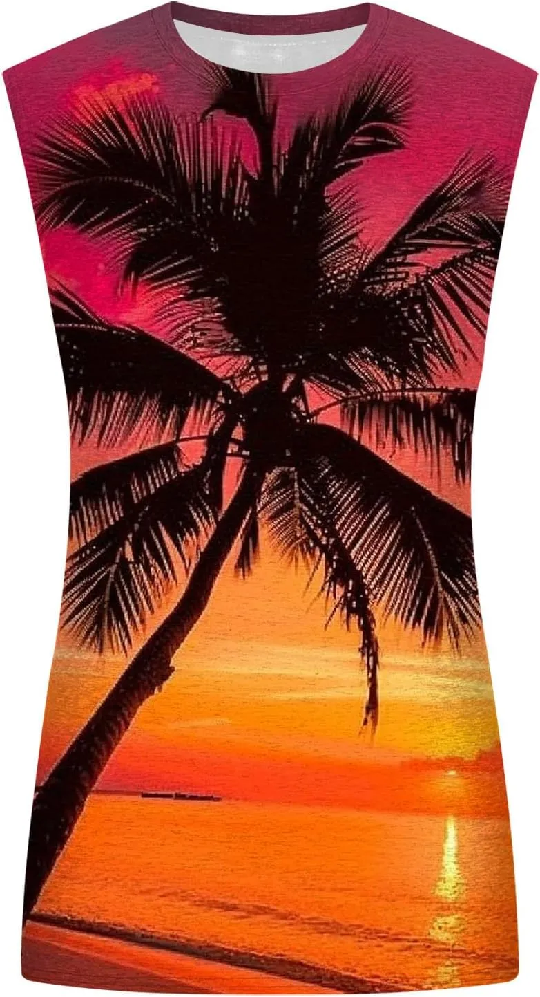 Mens 3D Tank Tops Summer Loose Fit Graphic Sleeveless T-Shirt Tropical Beach Vintage Shirts Casual Workout Muscle Tee