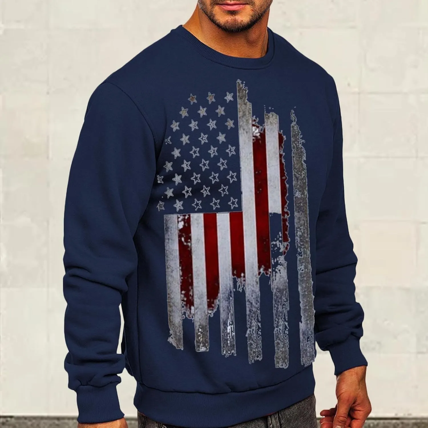 Mens America Flag Printed Pullover Top Casual Men's Crew Neck Patriotic Tshirt Big and Tall Loose Vintage Sweatshirt