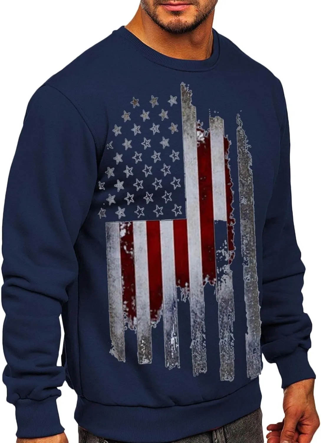 Mens America Flag Printed Pullover Top Casual Men's Crew Neck Patriotic Tshirt Big and Tall Loose Vintage Sweatshirt