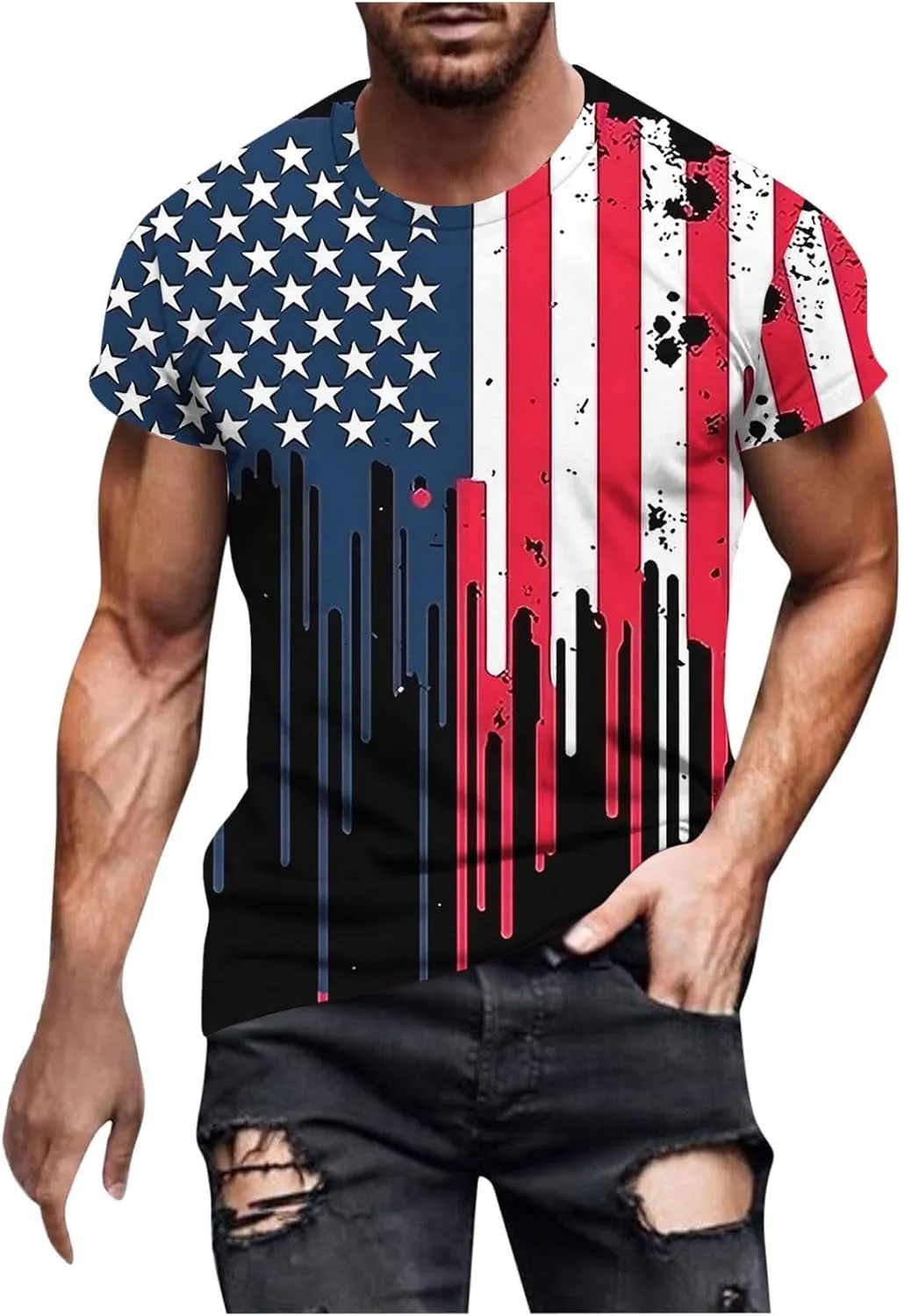 Men's American Flag Print Golf T-Shirt Casual Short Sleeve Summer Zip Up Lapel Beach Muscle Tee Shirts