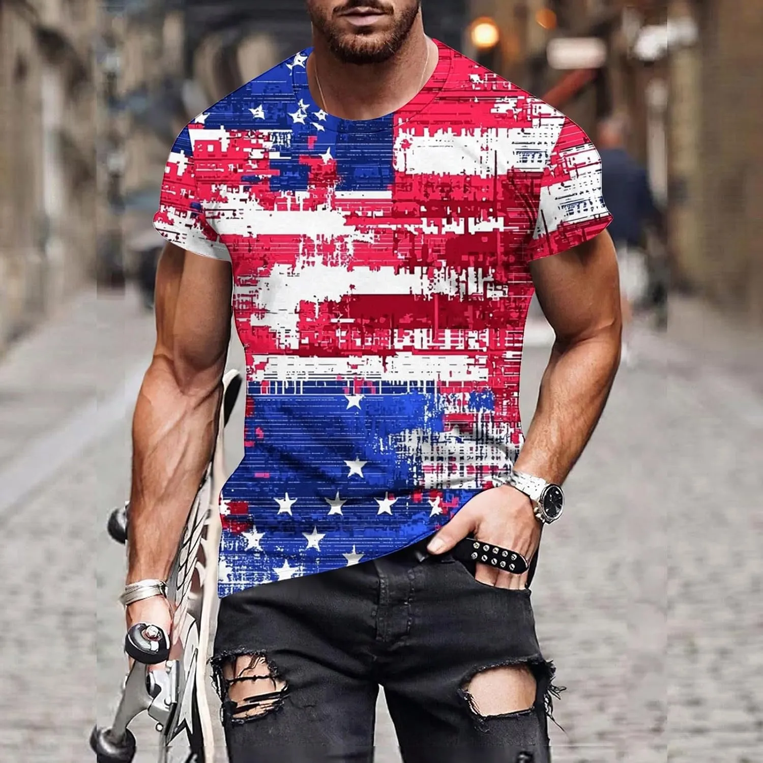 Men's American Flag Print Golf T-Shirt Casual Short Sleeve Summer Zip Up Lapel Beach Muscle Tee Shirts